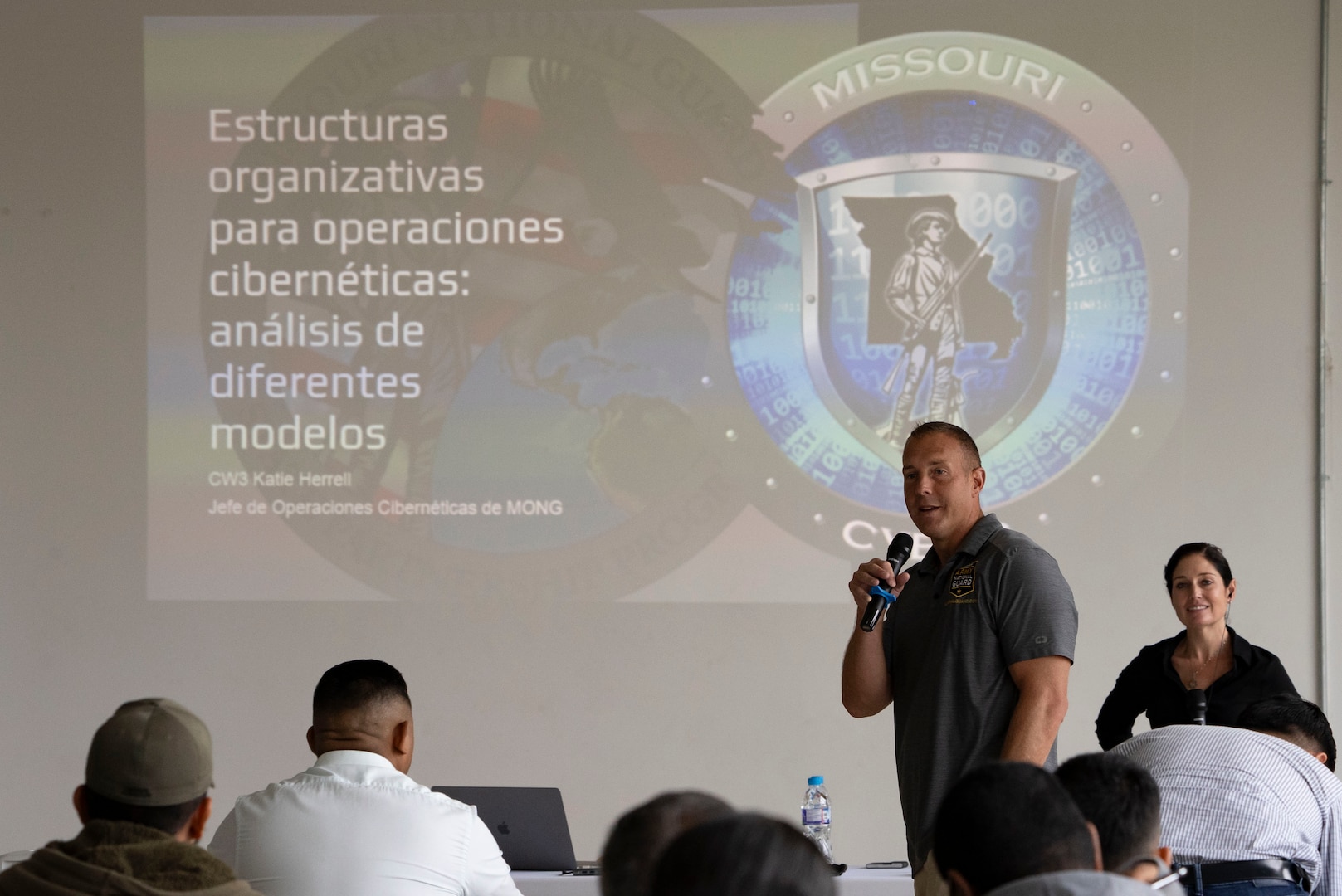 U.S. Missouri National Guard Maj. Jonathan Holem, the director of the Missouri State Partnership Program, speaks during a cybersecurity subject matter expert exchange with local government members in Panama City, Panama, July 22, 2025. The Missouri National Guard has formally been a part of the state partnership program with Panama since 1996, regularly partnering to exchange knowledge and conducting engagements to further build relations. (U.S. Air Force photo by Tech. Sgt. Kaylee Clark)