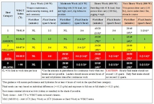 This chart from Air Force Instruction 48-151 details the temperatures at the five heat categories, the work/rest rate for different work classifications in each heat category and recommended fluid intake. Throughout the summer, members of the workforce at Arnold Air Force Base, Tenn., headquarters of Arnold Engineering Development Complex, have received regular notices providing information on the current heat category, flag condition and wet bulb globe temperature. These alerts are sent to warn team members of potentially dangerous conditions outdoors in order to mitigate heat-related illnesses. (Courtesy graphic)