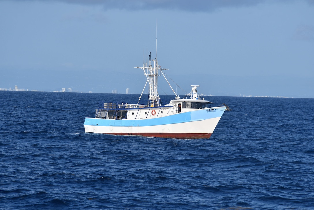 Coast Guard cutter Joseph Doyle and a Station San Juan boat crew assisted four mariners aboard the disabled vessel Sueño I off Carolina, Puerto Rico, July 29, 2025. The Coast Guard surface assets safely towed the vessel to Coast Guard Base San Juan, where the assisted mariners are conducting repairs. (U.S. Coast Guard photo)