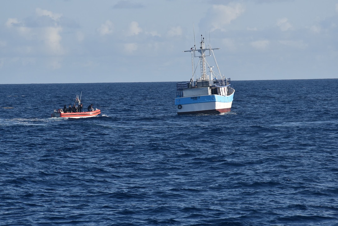 Coast Guard cutter Joseph Doyle and a Station San Juan boat crew assisted four mariners aboard the disabled vessel Sueño I off Carolina, Puerto Rico, July 29, 2025. The Coast Guard surface assets safely towed the vessel to Coast Guard Base San Juan, where the assisted mariners are conducting repairs. (U.S. Coast Guard photo)