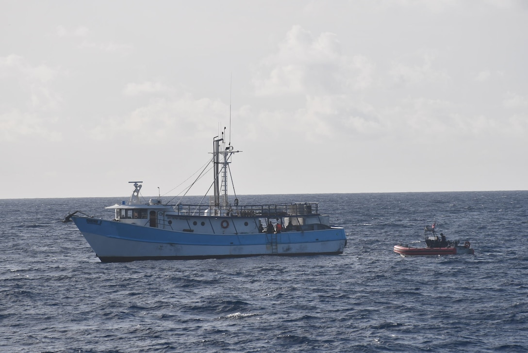 Coast Guard cutter Joseph Doyle and a Station San Juan boat crew assisted four mariners aboard the disabled vessel Sueño I off Carolina, Puerto Rico, July 29, 2025. Cutter Joseph Doyle and the Station San Juan crews safely towed the vessel to Coast Guard Base San Juan, where the assisted mariners are conducting repairs. (U.S. Coast Guard photo)