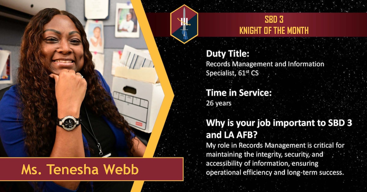 A woman with long, dark hair rests her chin on her hand. She is Ms. Tenesha Webb, Space Base Delta 3 August Knight of the Month.