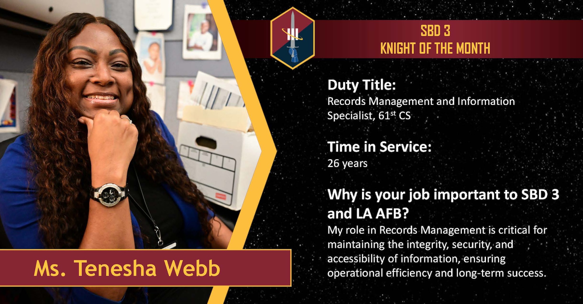 A woman with long, dark hair rests her chin on her hand. She is Ms. Tenesha Webb, Space Base Delta 3 August Knight of the Month.