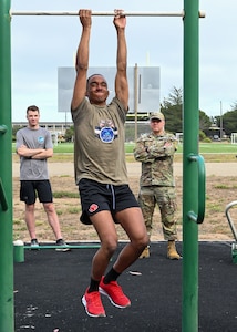 a person hangs from a pull up bar