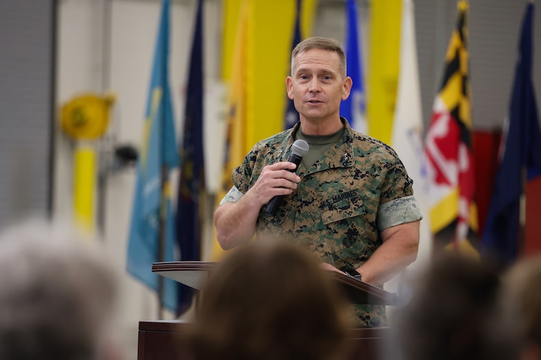 Maj. Gen. Keith D. Reventlow, commanding general, Marine Corps Logistics Command, delivers remarks during the Marine Depot Maintenance Command (MDMC) change of command ceremony at MDMC’s Production Plant Albany on Marine Corps Logistics Base Albany, Georgia, July 31. During the ceremony, Col. Kirk M. Spangenberg relinquished command to Col. Nicolas J. Lozar.