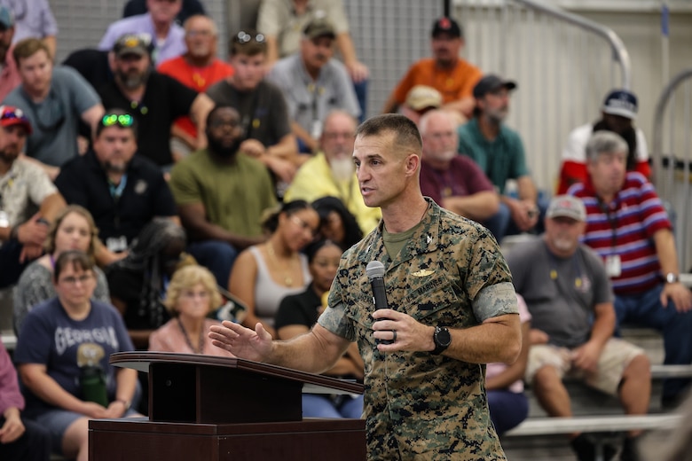 Col. Nicolas J. Lozar, commanding officer, Marine Depot Maintenance Command (MDMC), speaks during the change of command ceremony at MDMC’s Production Plant Albany on Marine Corps Logistics Base Albany, Georgia, July 31. Lozar assumed command from Col. Kirk M. Spangenberg during the ceremony.