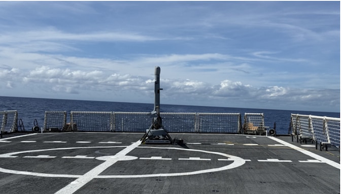 Shield AI’s V-BAT unmanned aircraft system undergoes operational testing aboard Coast Guard Cutter Midgett. U.S. Coast Guard photo.