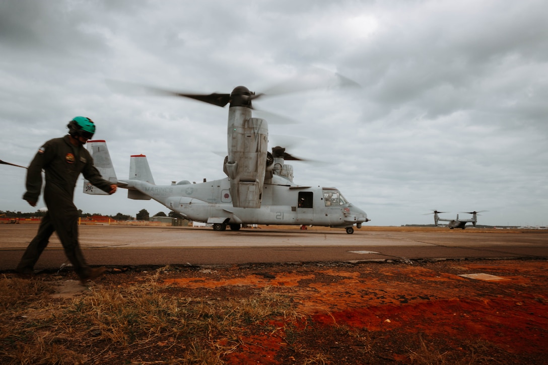 U.S. Marine Corps MV-22B Ospreys assigned to Marine Medium Tiltrotor Squadron (VMM) 363, Marine Rotational Force – Darwin 25.3, taxi before departing to the Philippines, at Royal Australian Air Force Base Darwin, Australia, July 26, 2025.
