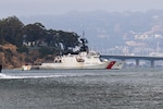 U.S. Coast Guard Cutter Stratton (WMSL 752) transits the San Francisco Bay after crossing under the Bay Bridge during the ship's return to its Alameda, California, July 30, 2025. National security cutters are 418-feet long, 54-feet wide, and can hold a crew of up to 170. (U.S. Coast Guard photo by Petty Officer 3rd Class Austin Wiley)