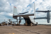 U.S. Marines with Marine Rotational Force – Darwin 25.3, load packs onto a MV-22B Osprey assigned to Marine Medium Tiltrotor Squadron (VMM) 363, MRF-D 25.3, at Royal Australian Air Force Base, Darwin, Australia, July 26, 2025. At the request of the government of the Philippines, U.S. Marines with the MRF-D 25.3 Marine Air-Ground Task Force are working alongside the Armed Forces of the Philippines to provide urgent lifesaving support to communities affected by consecutive storms and the southwest monsoon. The forward presence and ready posture of United States Indo-Pacific Command in the region facilitates rapid and effective response to crisis, demonstrating the U.S.’s commitment to allies and partners during times of need. (U.S. Marine Corps photo by Cpl. Anita Ramos)