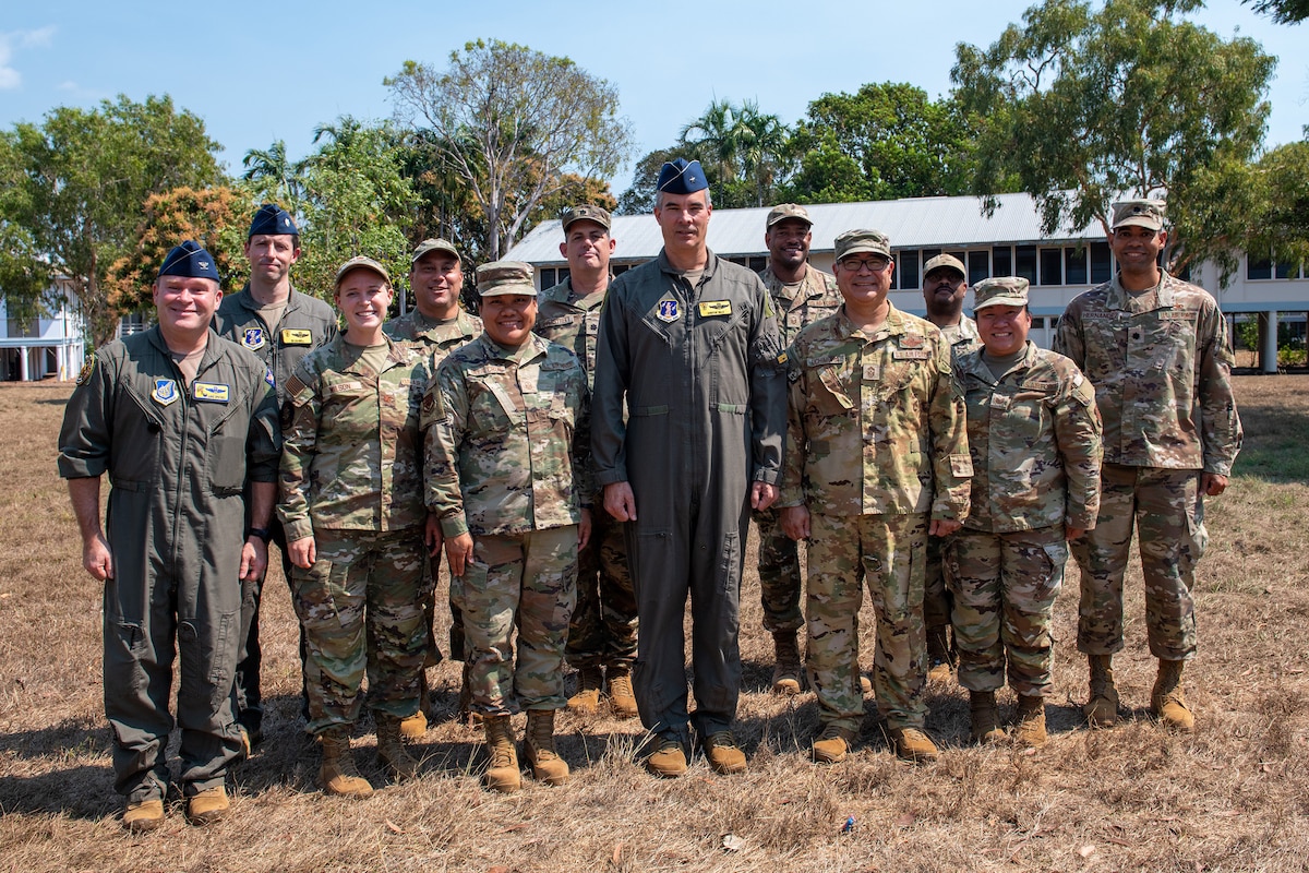 U.S. Air Force leaders from the 154th Air Expeditionary Wing pose for a photo during Talisman Sabre 25 in Northern Territory, Australia, July 24, 2025.