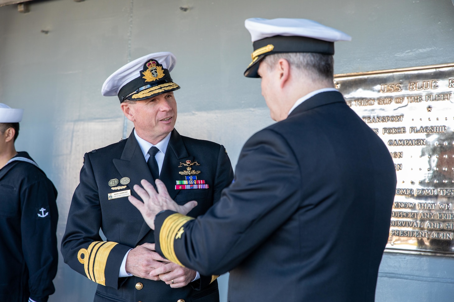 SYDNEY (May 28, 2025) Royal Australian Chief of Navy Vice Adm. Mark Hammond AO, of the Royal Australia Navy is greeted by U.S. 7th Fleet Commander Vice Adm. Fred Kacher on the quarterdeck of the 7th Fleet flagship USS Blue Ridge (LCC 19) while the ship is conducting a scheduled port call in Sydney, May 28, 2025. U.S. 7th Fleet is the U.S. Navy's largest forward-deployed numbered fleet, and routinely interacts and operates with allies and partners in preserving a free and open Indo-Pacific region. (U.S. Navy Photo by Mass Communication Specialist 2nd Class Belen Saldana)
