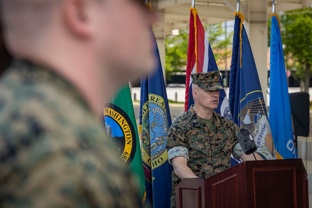 U.S. Marine Corps Maj. Gen. William E. Souza, commander of U.S. Marine Corps Forces Korea, gives remarks during the MARFORK 30th anniversary and colors rededication ceremony at U.S. Army Garrison Humphreys, South Korea, May 29, 2025. MARFORK was activated on June 1, 1995, at Seoul, Republic of Korea to support U.S. Marine Corps operations, strengthen interoperability with the Republic of Korea Marine Corps and serve as the U.S. Marine Corps service component for United States Forces Korea and United Nations Command. (U.S. Marine Corps photo by Cpl. Nikolas Mascroft)