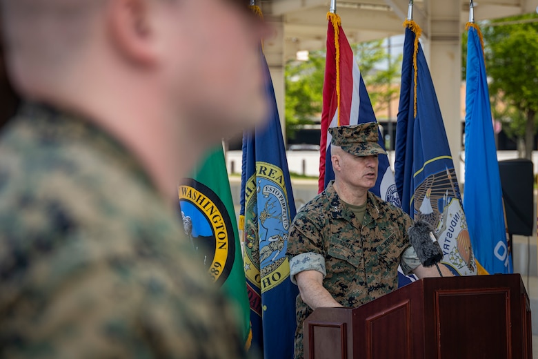 U.S. Marine Corps Maj. Gen. William E. Souza, commander of U.S. Marine Corps Forces Korea, gives remarks during the MARFORK 30th anniversary and colors rededication ceremony at U.S. Army Garrison Humphreys, South Korea, May 29, 2025. MARFORK was activated on June 1, 1995, at Seoul, Republic of Korea to support U.S. Marine Corps operations, strengthen interoperability with the Republic of Korea Marine Corps and serve as the U.S. Marine Corps service component for United States Forces Korea and United Nations Command. (U.S. Marine Corps photo by Cpl. Nikolas Mascroft)