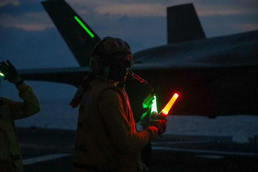 Marine F-35Bs bring a 5th generation multi-discipline strike capability to support combined-joint all domain operations in key maritime terrain. The 31st MEU is operating aboard ships of the USS America Amphibious Ready Group in the 7th Fleet area of operations, the U.S. Navy’s largest forward-deployed numbered fleet, and routinely interacts and operates with allies and partners in preserving a free and open Indo-Pacific region. (U.S. Marine Corps photo by Sgt. Peter Rawlins)