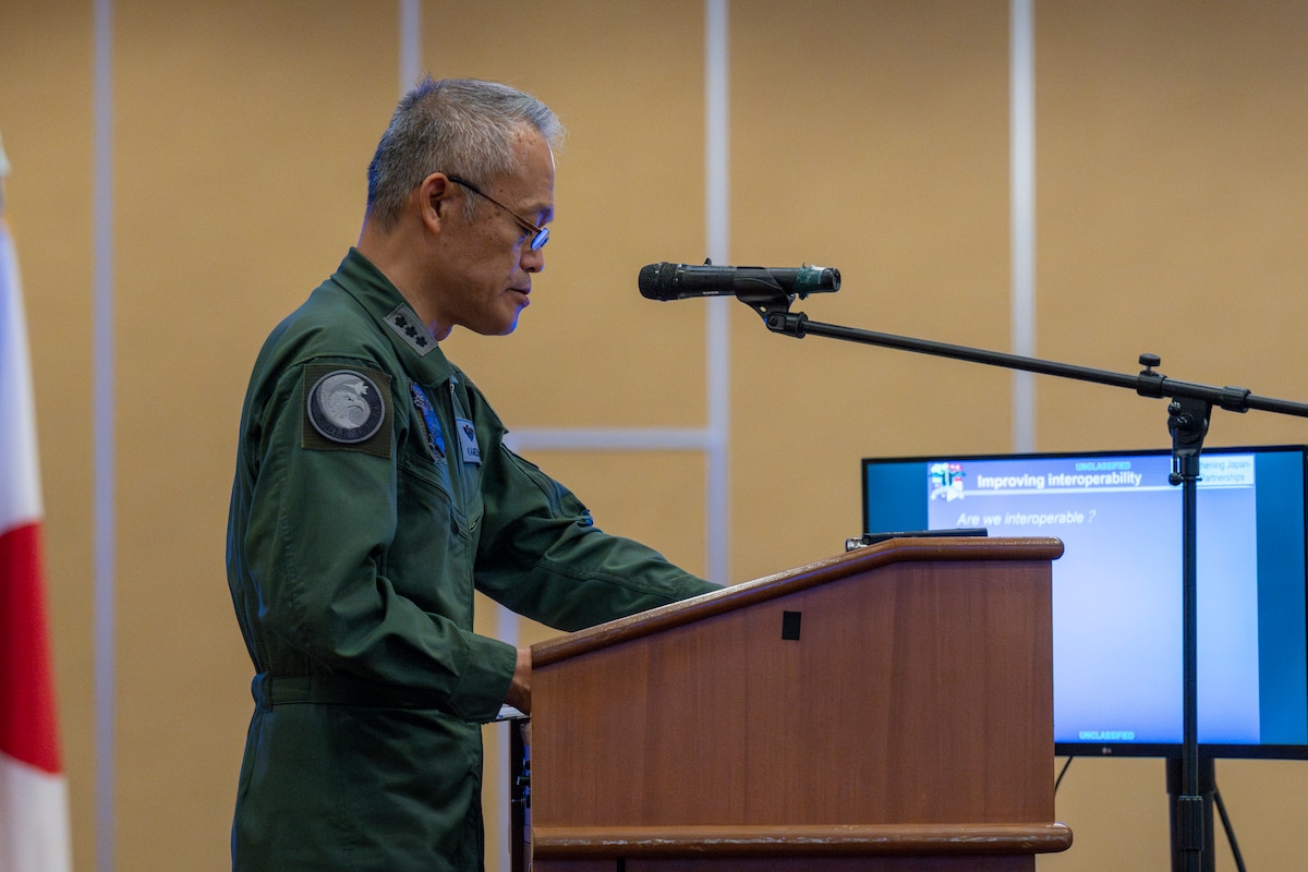 Japan Air Self-Defense Force (JASDF) Lt. Gen. Hiroshi Kameoka, Northern Air Defense Force commander, speaks during an all-call at Misawa Air Base, Japan, May 23, 2025.