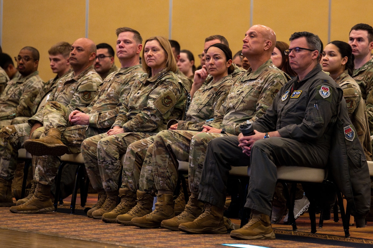 Attendees listen to Japan Air Self-Defense Force (JASDF) Lt. Gen. Hiroshi Kameoka, Northern Air Defense Force commander, speak during an all-call at Misawa Air Base, Japan, May 23, 2025.