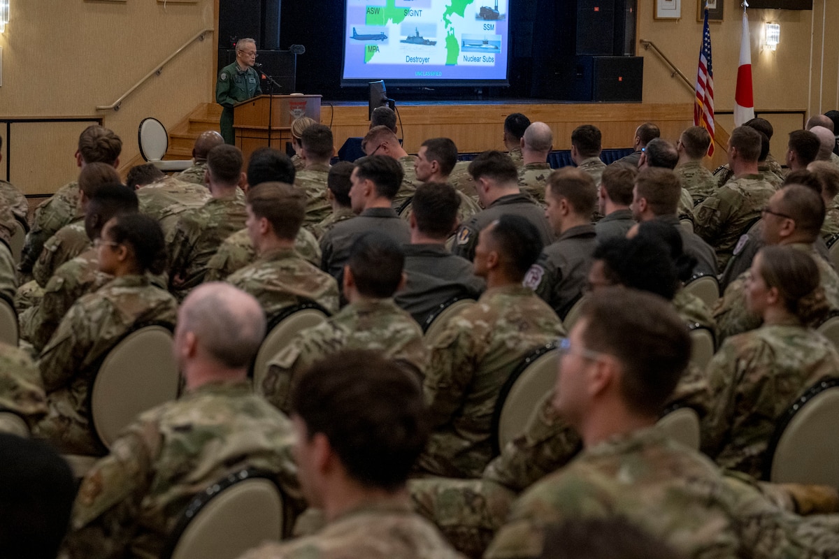 Japan Air Self-Defense Force (JASDF) Lt. Gen. Hiroshi Kameoka, Northern Air Defense Force commander, speaks during an all-call at Misawa Air Base, Japan, May 23, 2025.