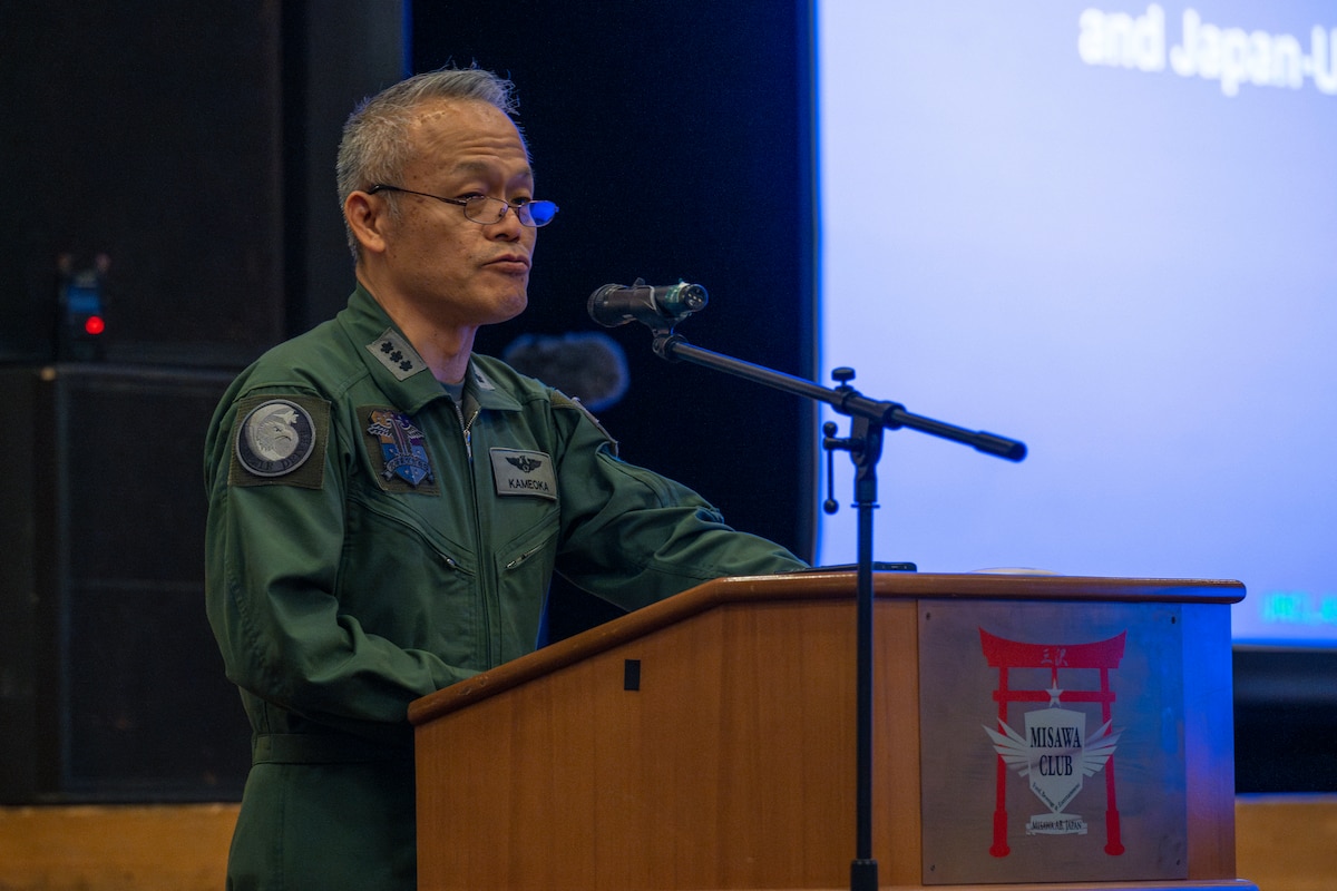 Japan Air Self-Defense Force (JASDF) Lt. Gen. Hiroshi Kameoka, Northern Air Defense Force commander, speaks during an all-call at Misawa Air Base, Japan, May 23, 2025.