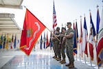 U.S. Marines with U.S. Marine Corps Forces Korea present the colors during the MARFORK 30th anniversary and colors and rededication ceremony at U.S. Army Garrison Humphreys, South Korea, May 29, 2025. MARFORK was activated on June 1, 1995, at Seoul, Republic of Korea to support U.S. Marine Corps operations, strengthen interoperability with the Republic of Korea Marine Corps and serve as the U.S. Marine Corps service component for United States Forces Korea and United Nations Command. (U.S. Marine Corps photo by Cpl. Nikolas Mascroft)