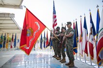 U.S. Marines with U.S. Marine Corps Forces Korea present the colors during the MARFORK 30th anniversary and colors and rededication ceremony at U.S. Army Garrison Humphreys, South Korea, May 29, 2025. MARFORK was activated on June 1, 1995, at Seoul, Republic of Korea to support U.S. Marine Corps operations, strengthen interoperability with the Republic of Korea Marine Corps and serve as the U.S. Marine Corps service component for United States Forces Korea and United Nations Command. (U.S. Marine Corps photo by Cpl. Nikolas Mascroft)