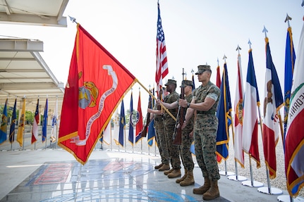 U.S. Marines with U.S. Marine Corps Forces Korea present the colors during the MARFORK 30th anniversary and colors and rededication ceremony at U.S. Army Garrison Humphreys, South Korea, May 29, 2025. MARFORK was activated on June 1, 1995, at Seoul, Republic of Korea to support U.S. Marine Corps operations, strengthen interoperability with the Republic of Korea Marine Corps and serve as the U.S. Marine Corps service component for United States Forces Korea and United Nations Command. (U.S. Marine Corps photo by Cpl. Nikolas Mascroft)