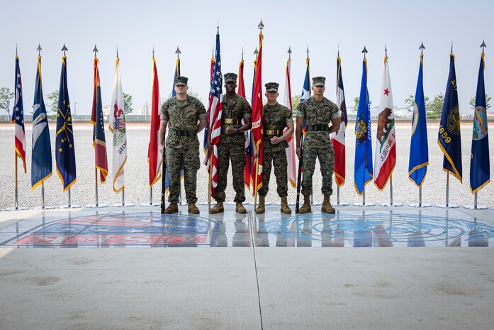 U.S. Marines with U.S. Marine Corps Forces Korea present the colors during the MARFORK 30th anniversary and colors and rededication ceremony  at U.S. Army Garrison Humphreys, South Korea, May 29, 2025. MARFORK was activated on June 1, 1995, at Seoul, Republic of Korea to support U.S. Marine Corps operations, strengthen interoperability with the Republic of Korea Marine Corps and serve as the U.S. Marine Corps service component for United States Forces Korea and United Nations Command. (U.S. Marine Corps photo by Cpl. Nikolas Mascroft)