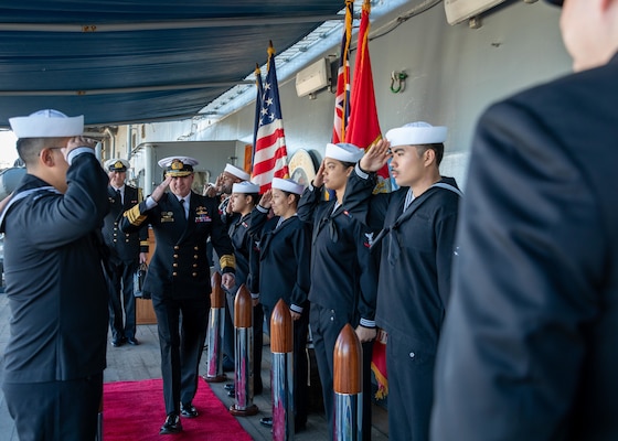 SYDNEY (May 28, 2025) Royal Australian Chief of Navy Vice Adm. Mark Hammond, AO, of the Royal Australia Navy is greeted by U.S. 7th Fleet Commander Vice Adm. Fred Kacher on the quarterdeck of the 7th Fleet flagship USS Blue Ridge (LCC 19) while the ship is conducting a scheduled port call in Sydney, May 28, 2025. U.S. 7th Fleet is the U.S. Navy's largest forward-deployed numbered fleet, and routinely interacts and operates with allies and partners in preserving a free and open Indo-Pacific region. (U.S. Navy Photo by Mass Communication Specialist 2nd Class Belen Saldana)