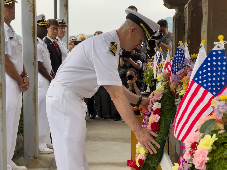 Capt. Les Sobol, Commander, Fleet Activities Yokosuka, participates in a wreath-laying ceremony during the 86th Annual Shimoda Black Ship Festival’s Gyokusenji Temple Memorial Ceremony.