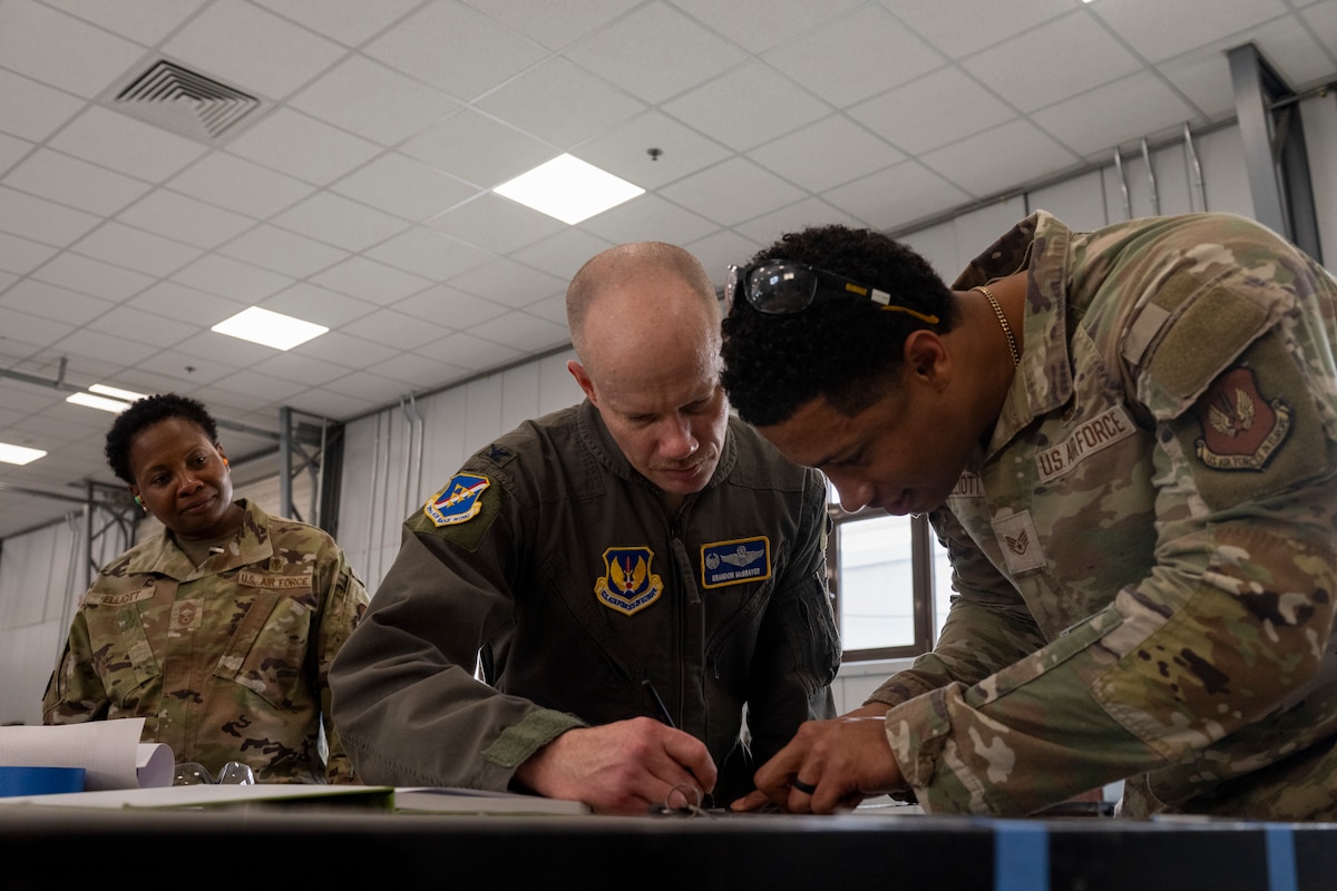 U.S. Air Force Staff Sgt. Michael Elliot, right, 39th Maintenance Squadron aircraft structural maintenance noncommissioned officer in charge, demonstrates a precision layout technique to 39th Air Base Wing leadership at Incirlik Air Base, Türkiye, May 30, 2025.