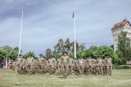 Task Force Saber, 278th Armored Cavalry Regiment, Tennessee Army National Guard, assumes command of the Joint Multinational Training Group-Ukraine mission under the 7th Army Training Command from Task Force Independence, 56th Stryker Brigade Combat Team, Pennsylvania Army National Guard at Tower Barracks, Grafenwoehr, Germany, June 1, 2025.