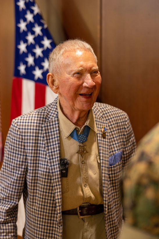 Retired U.S. Marine Corps Maj. Gen. James Livingston, Medal of Honor recipient and first commander of Marine Forces Reserve, speaks to guests during his visit to Marine Corps Support Facility, New Orleans, May 30, 2025. Livingston served as the first commander of Marine Forces Reserve from July 1992 to October 1994. (U.S. Marine Corps photo by Lance Cpl. Juan Diaz)