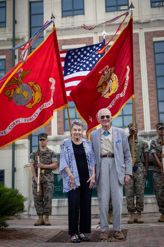 Retired U.S. Marine Corps Maj. Gen. James Livingston, Medal of Honor recipient and first commander of Marine Forces Reserve, poses for a photo with his wife Sara Livingston during his visit to Marine Corps Support Facility, New Orleans, May 30, 2025. Livingston served as the first commander of Marine Forces Reserve from July 1992 to October 1994. (U.S. Marine Corps photo by Lance Cpl. Juan Diaz)