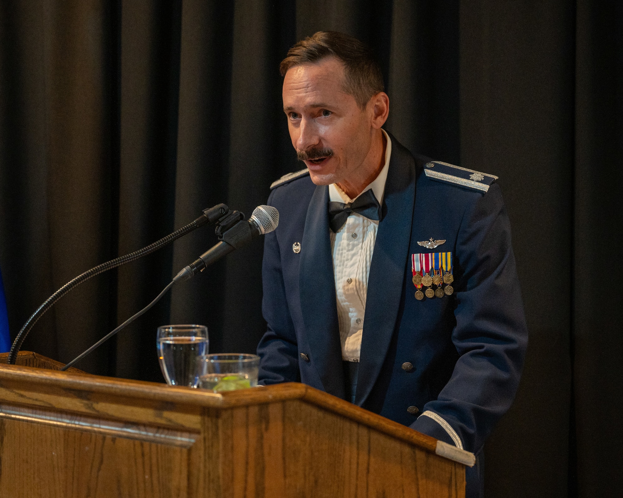 U.S. Air Force Lt. Col. Christopher Cherry, 434th Flying Training Squadron commander, speaks at the graduation of Class 25-10 at Laughlin Air Force Base, Texas, May 1, 2025. The 25-10 graduating class consisted of 27 students from the United States, Saudi Arabia and Slovakia. (U.S. Air Force photo by Staff Sgt. Nicholas Larsen)
