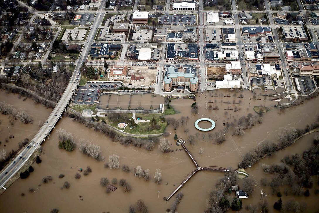 The U.S. Army Corps of Engineers received $1.4 million in additional funding under the Fiscal Year 2025 Work Plan to continue its Tittabawassee Watershed Flood Risk Management Study recently. Flooding in downtown Midland, Michigan is seen in this 2014 file image.