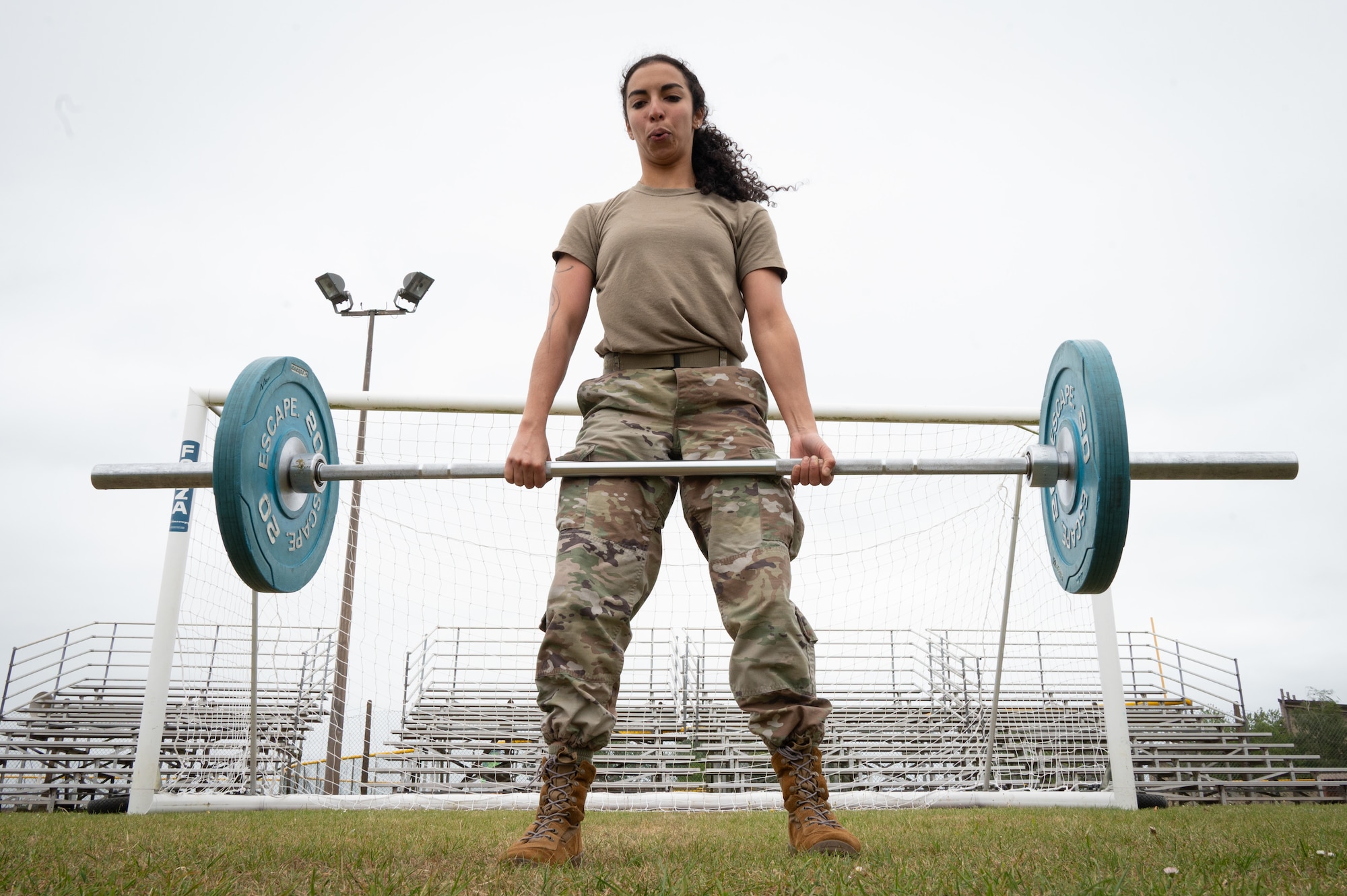 U.S. Air Force 1st Lt. Cristina Jourden, 423rd Communications Squadron flight commander, performs deadlifts