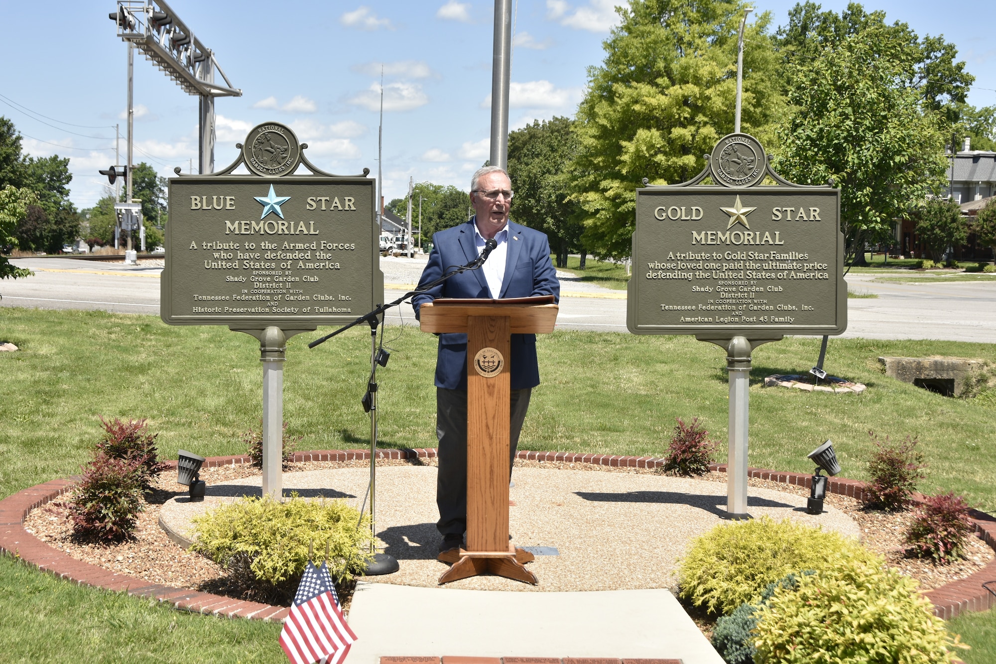 Retired Maj. Gen. Robert A. Harris, keynote speaker for the Veterans Memorial Day Service, addresses the audience at History Park in downtown Tullahoma, May 23, 2025. The annual event honors fallen service members of the United States Military in the observance of the Memorial Day holiday. (U.S. Air Force photo by Kali Bradford)