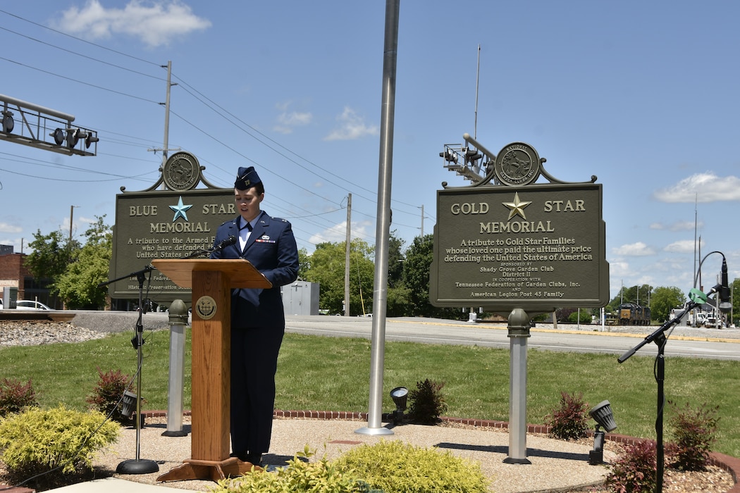 Arnold Engineering Development Complex Executive Officer, Capt. Camden Dammeyer, reads the names of honored veterans during the Veterans Memorial Day Service, May 23, 2025. The annual event honors fallen service members of the United States Military in the observance of the Memorial Day holiday. (U.S. Air Force photo by Kali Bradford)