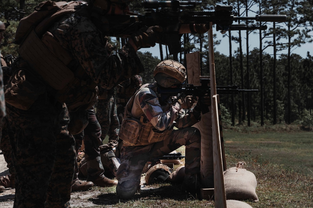 A French Marine from the 13th Foreign Legion Demi Brigade participates in a live-fire range as part of Exercise Chesapeake 25 at Marine Corps Base Camp Lejeune, North Carolina, May 1, 2025. Exercise Chesapeake 2025 was a bilateral U.S.–French amphibious exercise that underscored a commitment to interoperability, maritime readiness, and shared values. The exercise took place as the U.S. Marine Corps is celebrating 250 years of warfighting excellence and reflects the Marine Corps’ commitment to global partnerships and naval integration, enabling the force to rapidly respond to crises, deter adversaries, and reassure allies. (U.S. Marine Corps Photo by Cpl. VasquezHernandez)