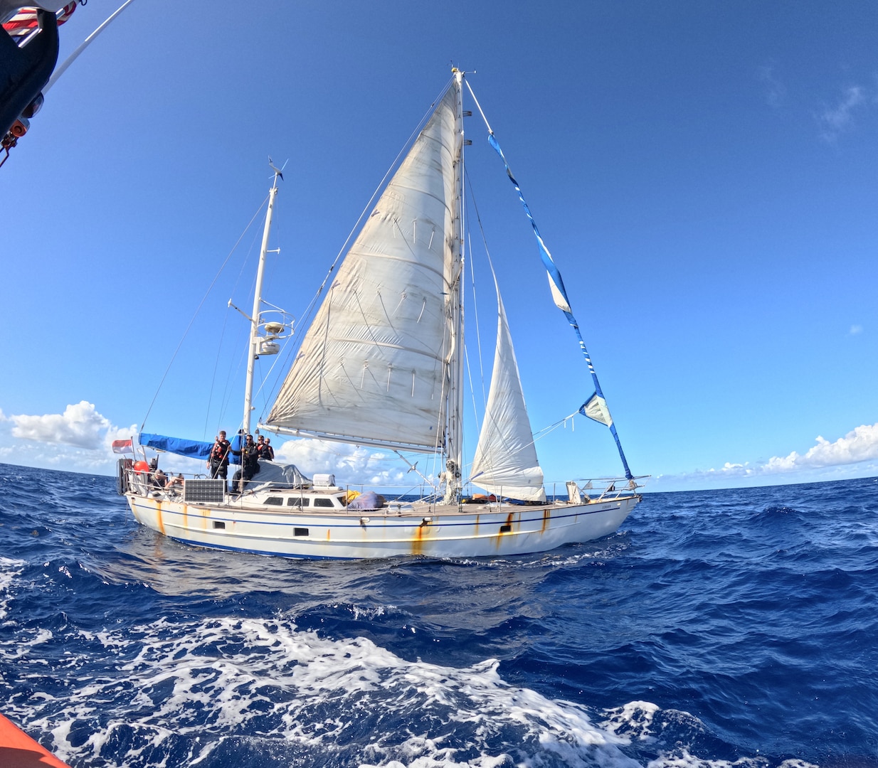 A military patrol aircraft located a disabled sailing vessel approximately 170 miles off Colombia, April 23, 2025. Coast Guard Cutter Diligence’s (WMEC 616) crew boarded the vessel and seized approximately 40 pounds of cocaine. (U.S. Coast Guard photo)