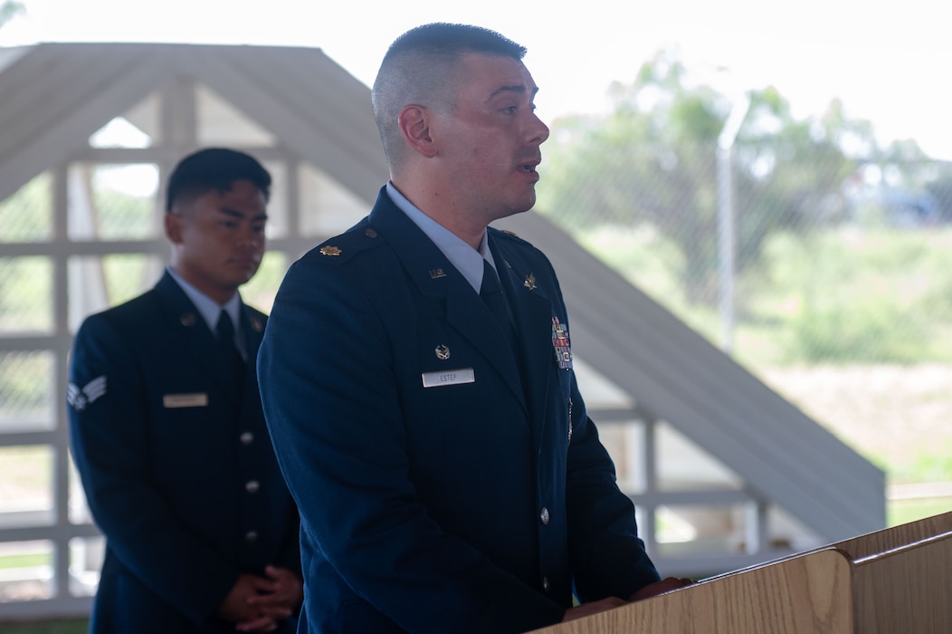 U.S. Maj. Jonathan Estep, incoming 17th Security Forces Squadron commander, speaks at the 17th Security Forces Change of Command ceremony at  Military Working Dogs kennels’ overhang, Goodfellow Air Force Base, Texas, June 2, 2025. The 17th SFS provides unparalleled base defense and law enforcement services to Goodfellow AFB and supports contingency operations with world-class defenders. (U.S. Air Force photo by Airman 1st Class James Salellas)