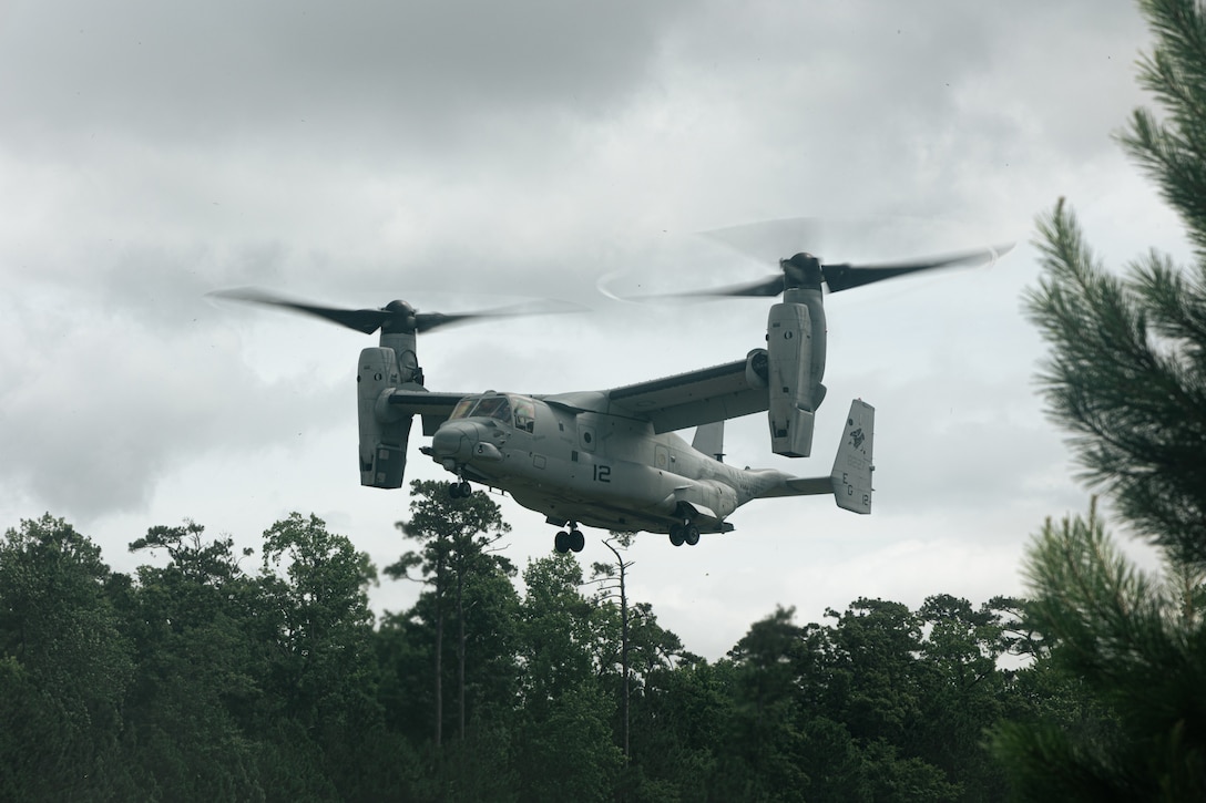 A U.S. Marine Corps MV-22B Osprey with Marine Medium Tiltrotor Squadron 263 (Reinforced), 22nd Marine Expeditionary Unit, prepares to land during a simulated non-combatant evacuation operation, as part of Iwo Jima Amphibious Ready Group Marine Expeditionary Unit exercise, at Marine Corps Base Stone Bay, North Carolina, May 28, 2025. During ARGMEUEX, the 22nd MEU, aboard IWOARG shipping, conducts various mission essential tasks that enhance operational readiness and lethality as a unified IWOARG/22 MEU team. (U.S. Marine Corps photo by Cpl. Maurion Moore)