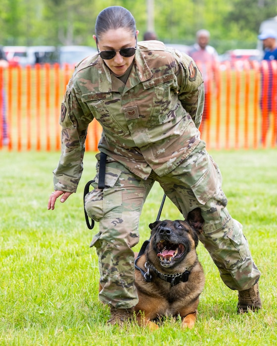A police dog laying on the ground looks up at has handler, a woman in uniform, as she steps over him.