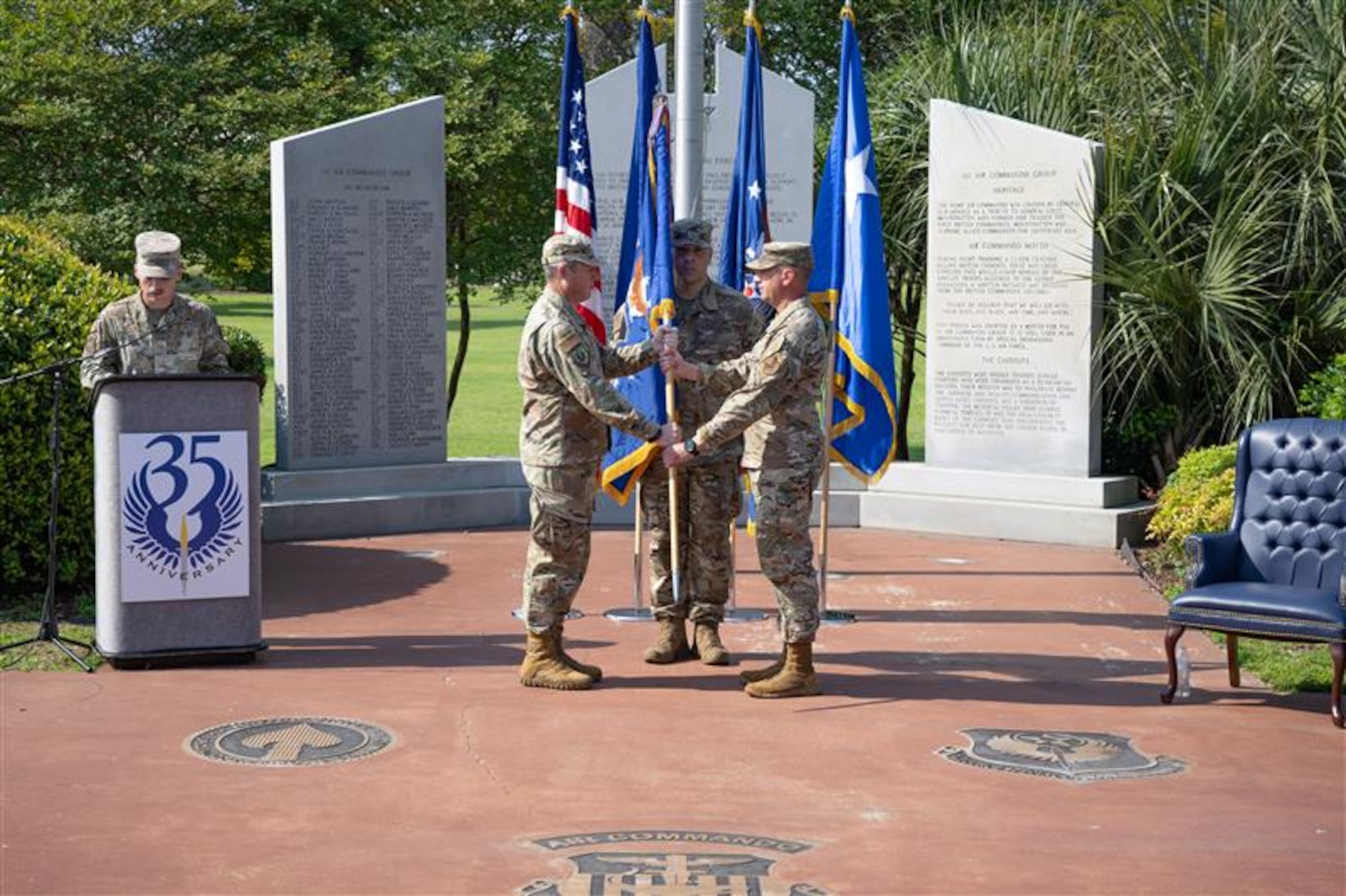 During the ceremony, Lt. Gen. Michael, Air Force Special Operations Command commander passed the guidon to Chief Master Sgt. Courtney Freeman, AFSOC's incoming command chief.