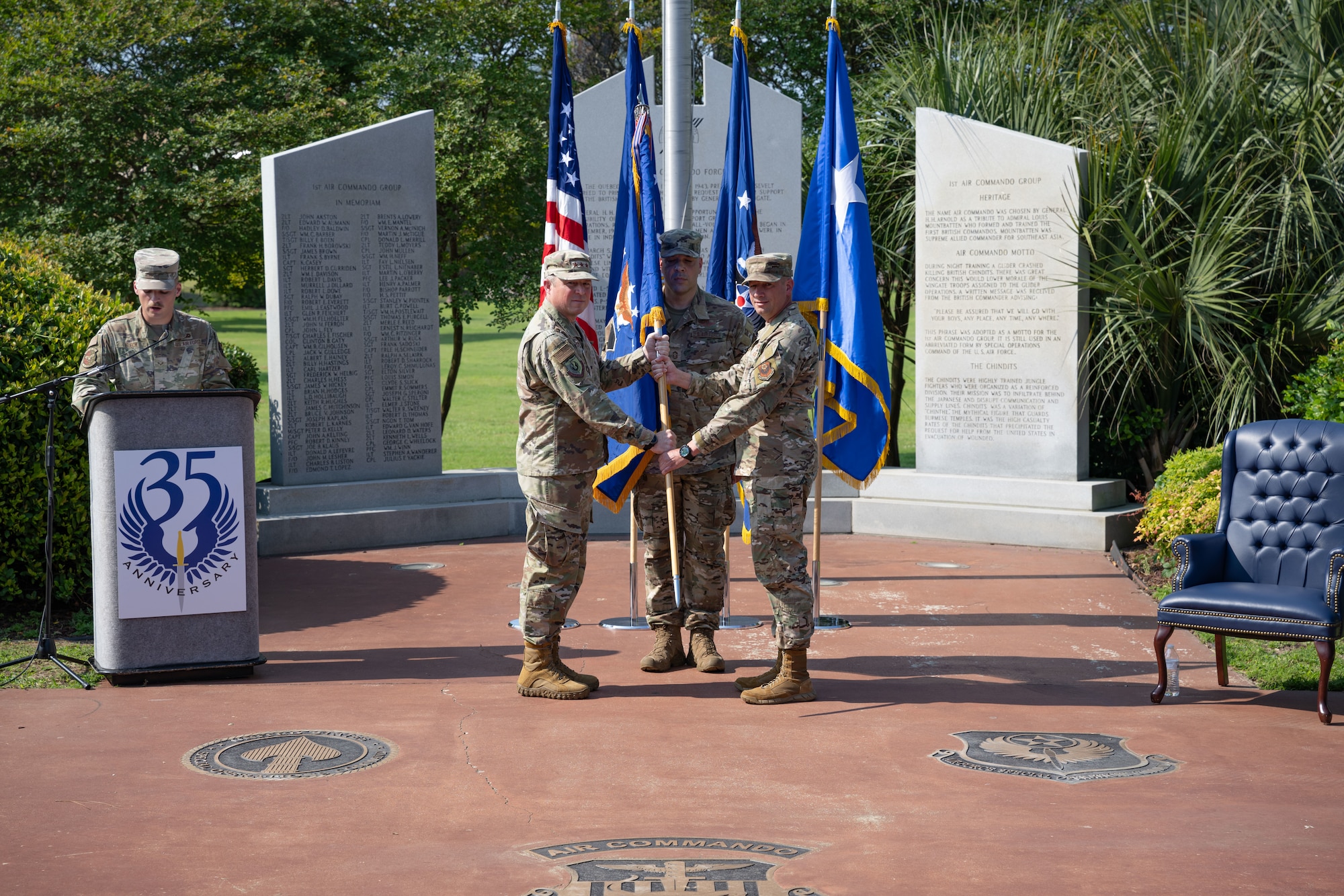 During the ceremony, Lt. Gen. Michael, Air Force Special Operations Command commander passed the guidon to Chief Master Sgt. Courtney Freeman, AFSOC's incoming command chief.