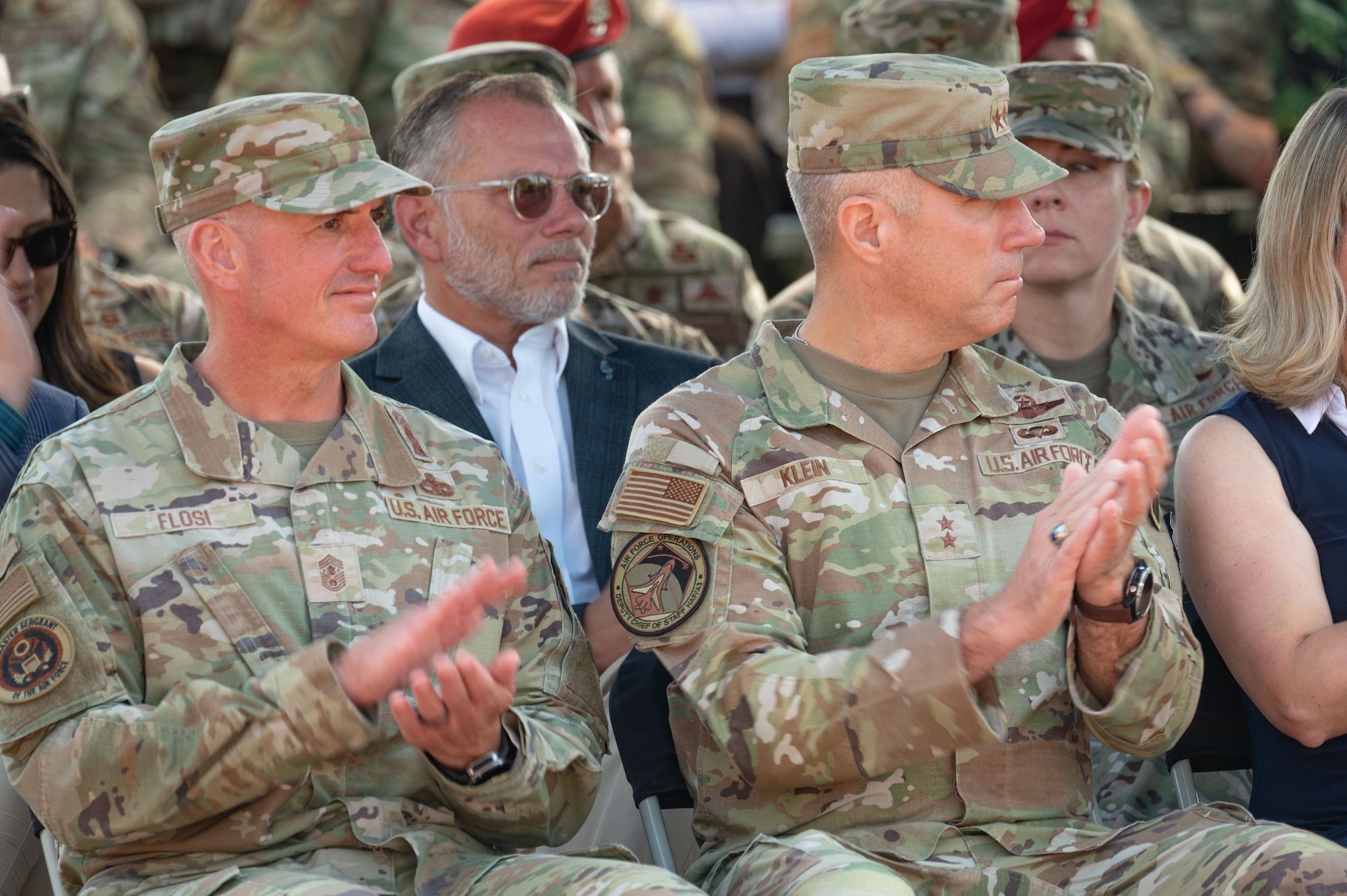 During the ceremony, Lt. Gen. Michael, Air Force Special Operations Command commander passed the guidon to Chief Master Sgt. Courtney Freeman, AFSOC's incoming command chief.