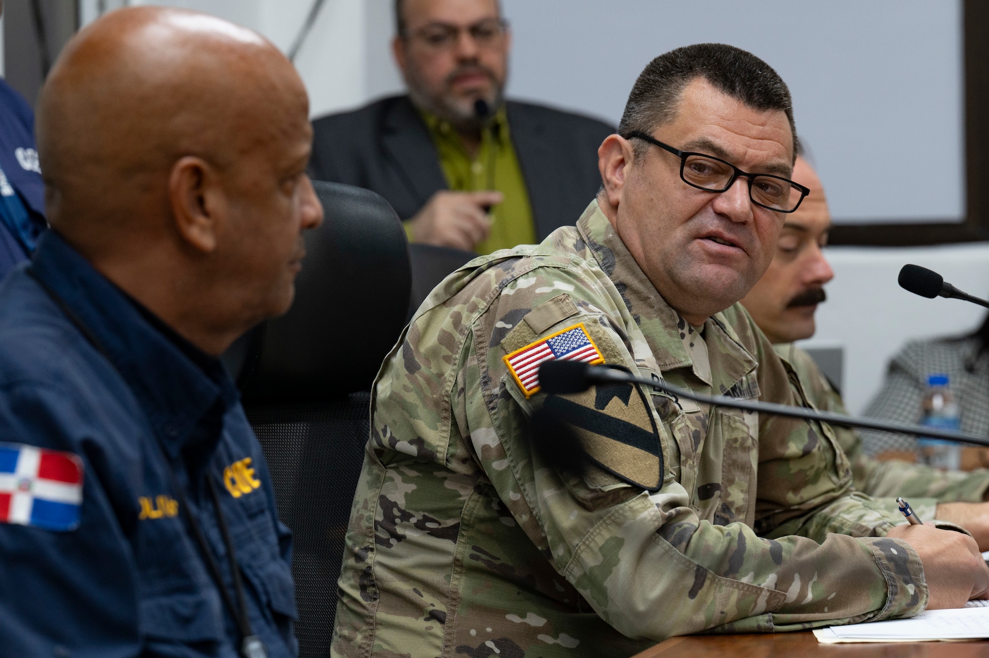 U.S. Army Lt. Col. Achim Biller, Joint Task Force-Bravo J9, Civil-Military Affairs director, gives opening remarks during a Jaguar Sentinel knowledge exchange in Santo Domingo, Dominican Republic, May 7, 2025. The JTF-Bravo leaders created a scenario which included a simulated category 4 hurricane impacting the Southern region of the Dominican Republic in order to challenge the U.S. and Dominican Republic emergency response members to work through the scenario to ensure the safety of the Dominican people. (U.S. Air Force photo by Staff Sgt. Sadie Colbert)