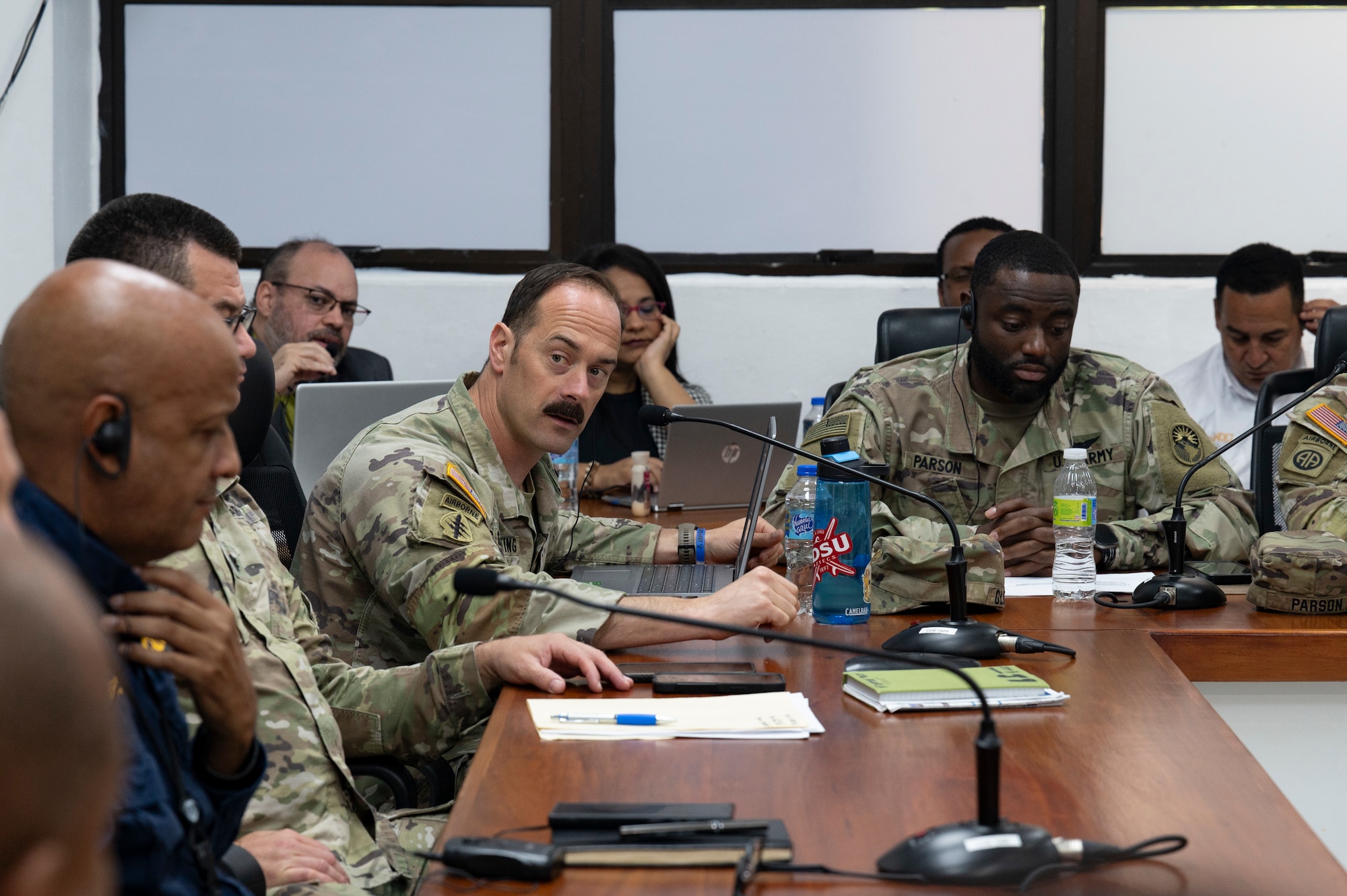 U.S. Army Maj. Frank Glutting, Joint Task Force-Bravo civil military operations deputy director, gives opening remarks during Jaguar Sentinel knowledge exchange in Santo Domingo, Dominican Republic, May 7, 2025. Each member presented their capabilities for the simulated disaster to help further synchronize their response for future operations. (U.S. Air Force photo by Staff Sgt. Sadie Colbert)