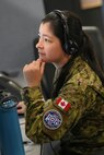 uniformed coalition member wearing a headset working on a computer