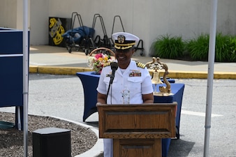 Capt. Rona Green, commanding officer, Navy Medicine Readiness and Training Command (NMRTC) New England, gives opening remarks during a change of charge ceremony for Navy Medicine Readiness and Training Unit (NMRTU) Groton held on board NMRTU Groton, Connecticut, May 27, 2025. Capt. John  Hoyos, was relieved by Cmdr. Dean Kang. Cmdr. Kang comes to NMRTU Groton from NMRTC Bremerton, where he served as the pharmacy department head. (U.S. Navy photo by Lt. Sydney Wall)